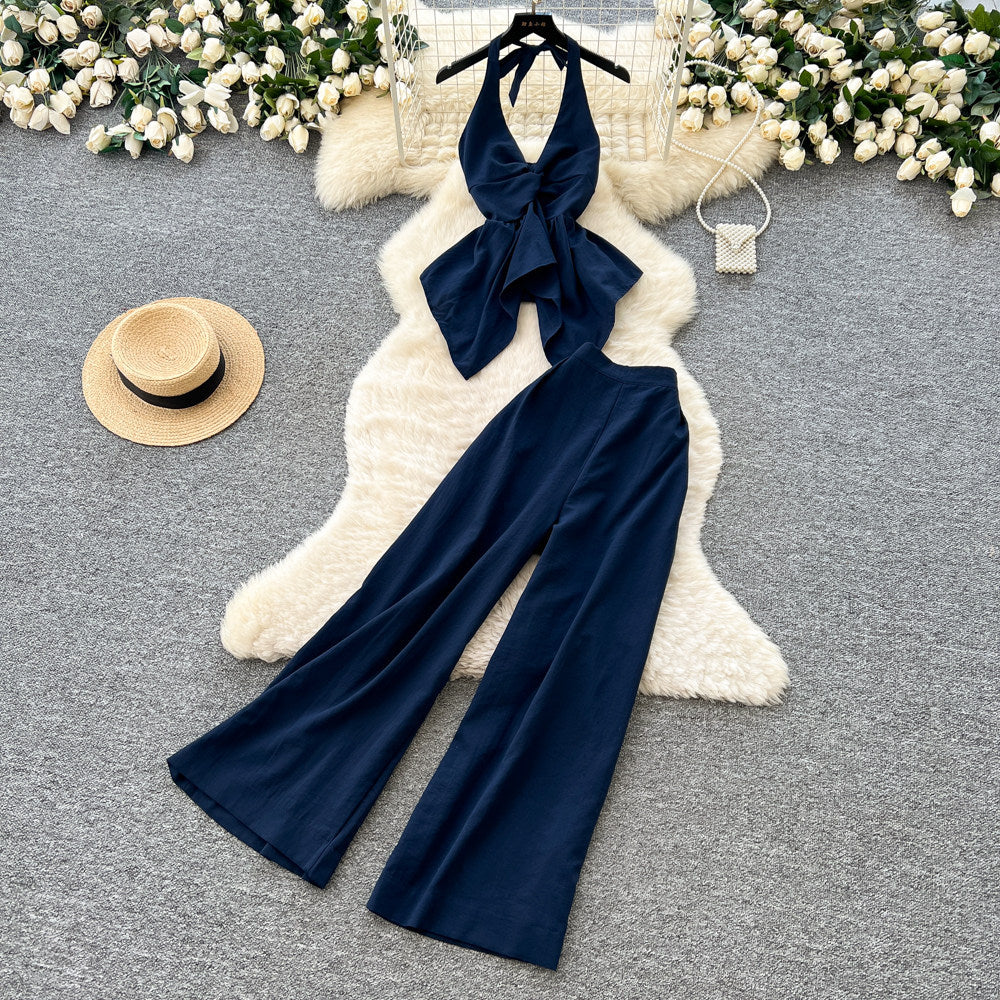 Light luxury work clothing style halter vest loose pantstwo-piece set women's summer big backless waist slimming lookfashionsuit