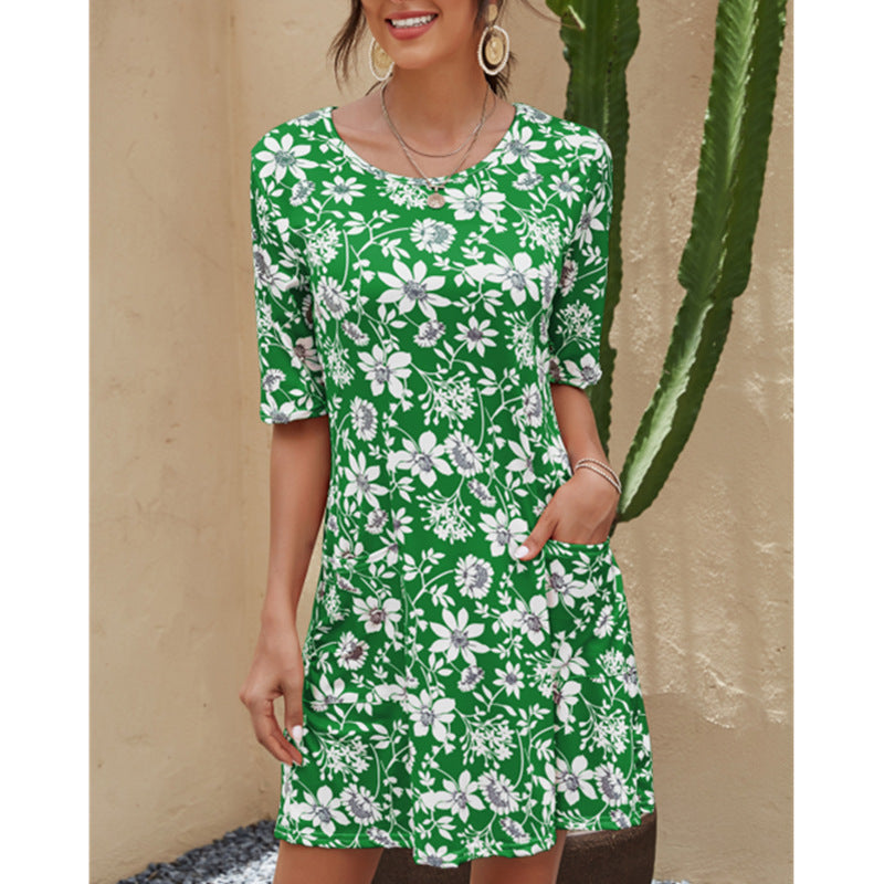 2025 summer european and american cross-border women's fashion: amazon ebay round neck printed plus size short sleeve dress with cinched waist