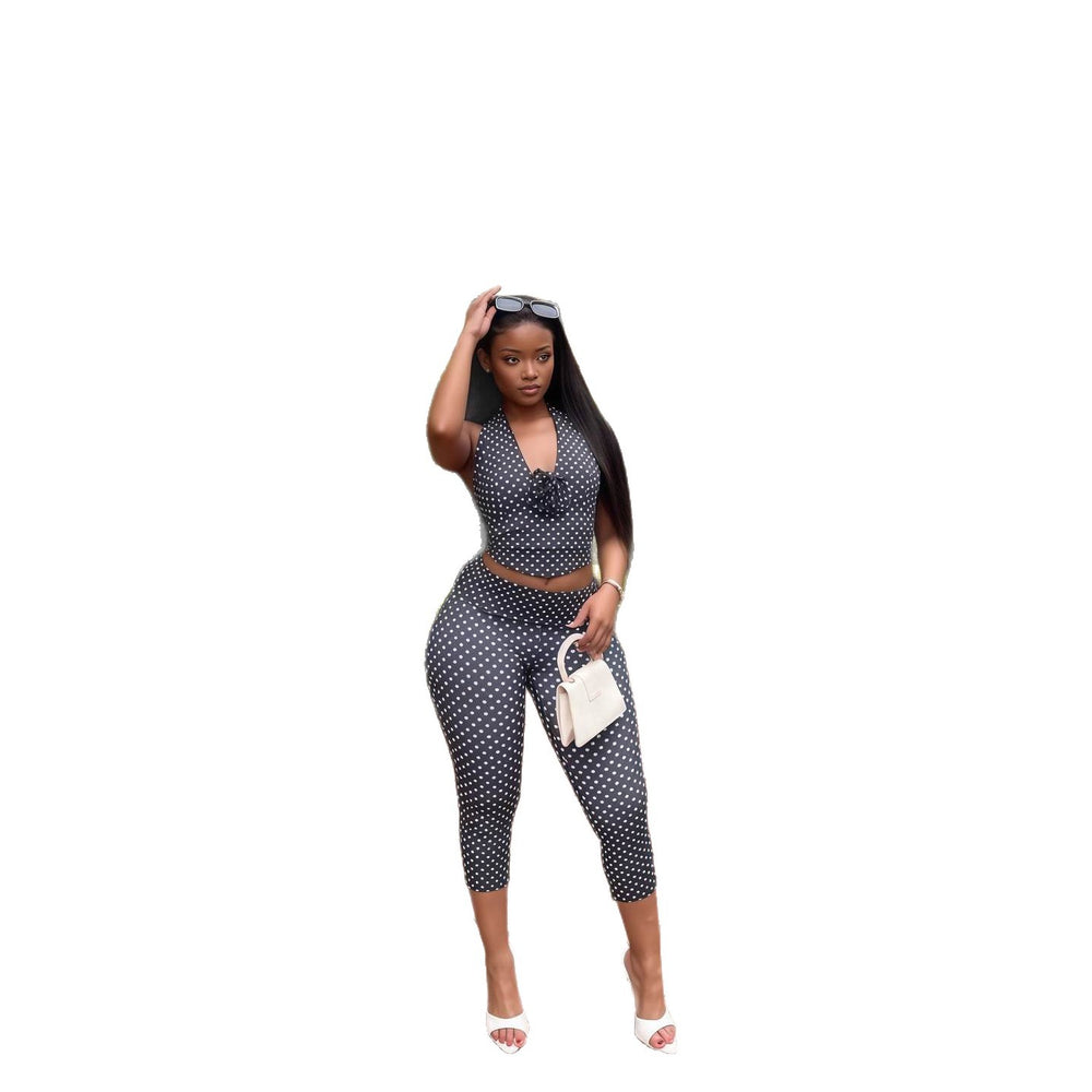 European and american cross-border women's fashion  autumn new sleeveless v-neck halter backless top and leggings casual two-piece set