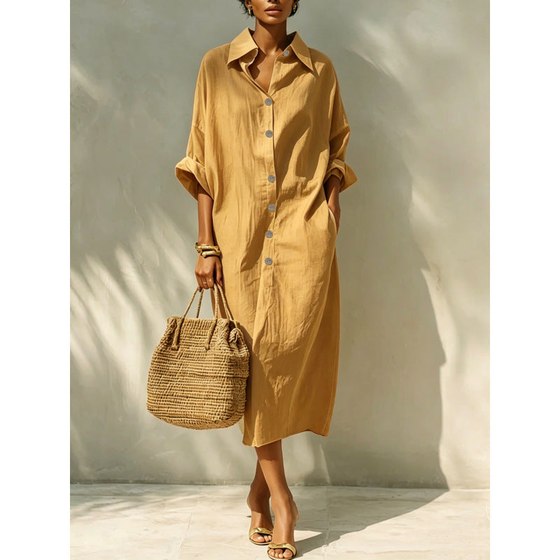 european and american cross-border new arrival: solid color long-sleeve shirt collar dress
