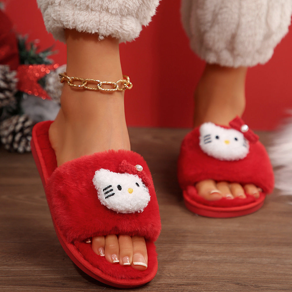 plus size autumn winter floor mops cute cat cartoon stuffed home cotton slippers women's one-word fur slippers