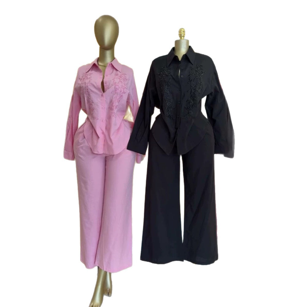 European and american cross-border women's fashion:  summer new collection - stylish turn-down collar solid color beaded long sleeve blouse and high-waisted pants set