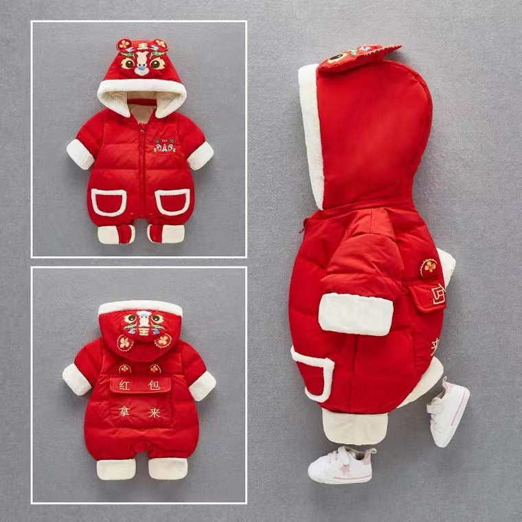 Baby winter new arrival: chinese new year fleece-lined, extra thick, chinese style new year outfit, newborn first birthday warm and festive crawling suit