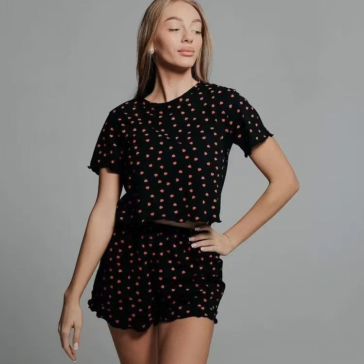 spring/summer new fashion heart print short sleeve & shorts pajama set - cross-border breathable loungewear for women - wholesale