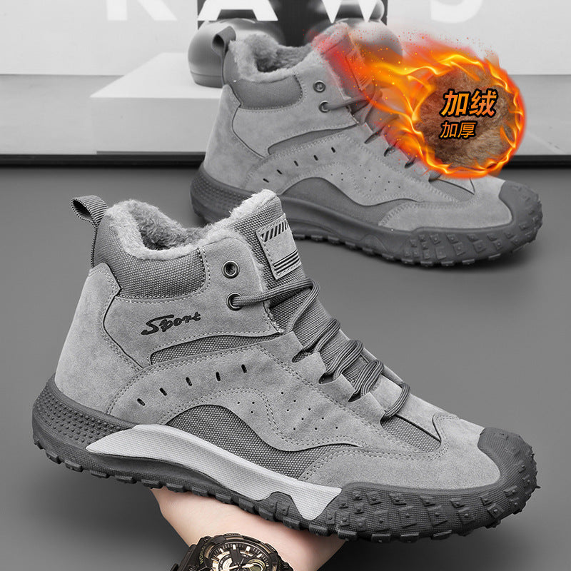 Winter fleece-lined thickened high-top cotton shoes, wear-resistant and anti-smash construction site safety shoes, hot-selling fashionable outdoor trendy work shoes