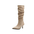 Retro pointed toe suede stiletto slimming look girls pile boots pleated high heels fleece-lined women's knee high long fashion boots