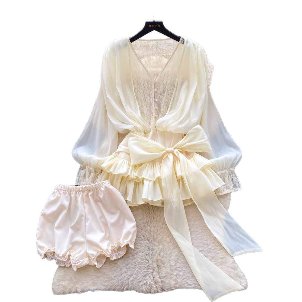 Fairy atmosphere niche stylebows strap waist lacepatchworklong sleevesruffles mesh dressshorts