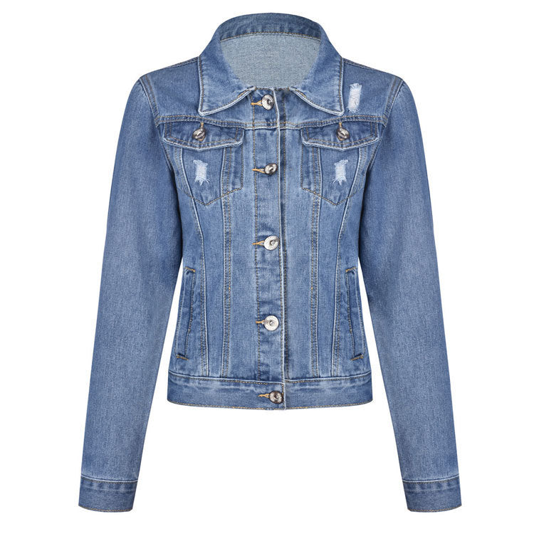 Amazon  distressed denim jacket women's european and american style comfortable casual washed denim jacket