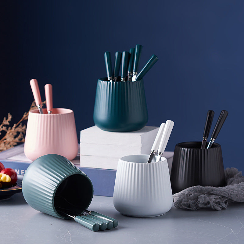 Creative stainless steel fruit fork spoon ceramic storage jar nordic fruit fork spoon household fruit fork storage set