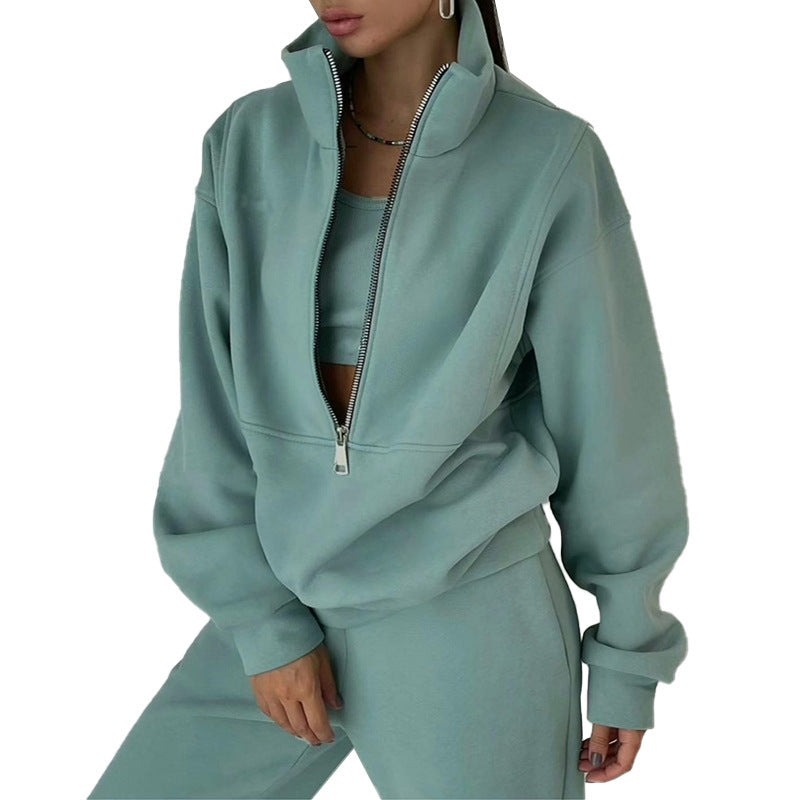 cross-border e-commerce european and american women's clothing: new summer collection - fashionable casual fleece-lined sporty zip-up hoodie set