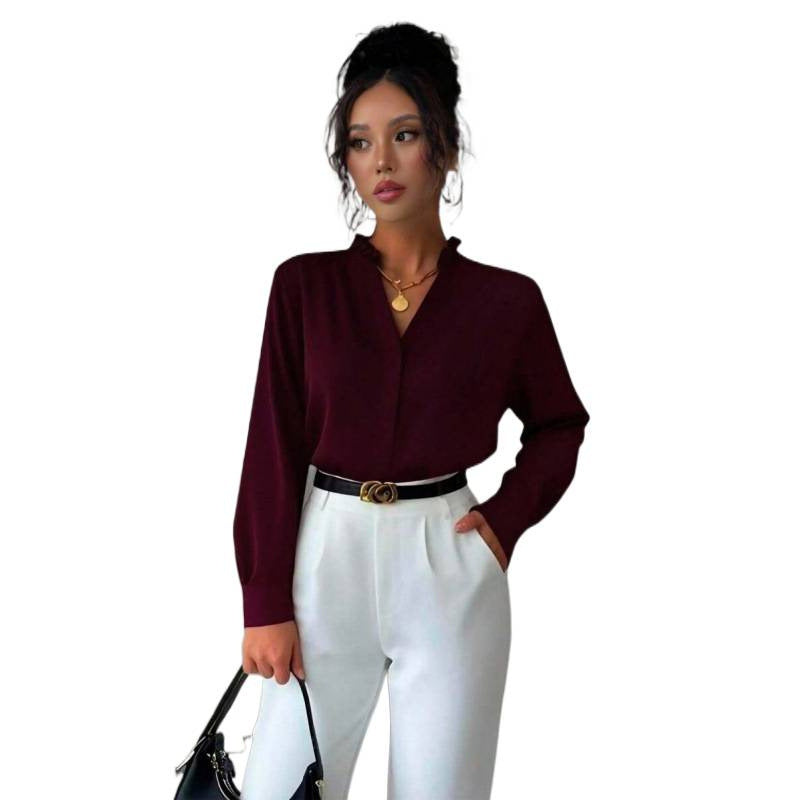 fashion:  autumn new arrivals - chic, minimalist, casual v-neck long sleeve loose fit shirt for women (us/eu)
