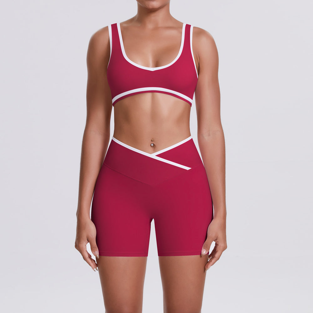 New arrival nude contrast colorpatchwork yoga clothes cross high waist butt lift shorts sports back suit running fitness clothes