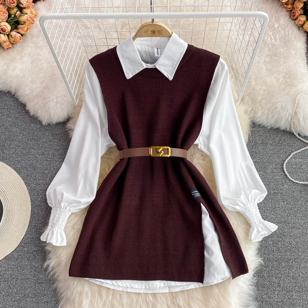 Spring lantern sleeve white shirt women's age-reducing sweet loose covering slit vest sweater layering two-piece set
