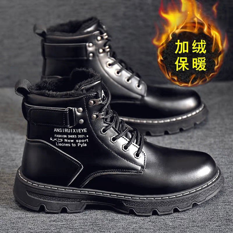 Spring martin boots british style high top waterproof leather boots knee socksfleece-linedheattech cotton shoes men's short boots snow boots