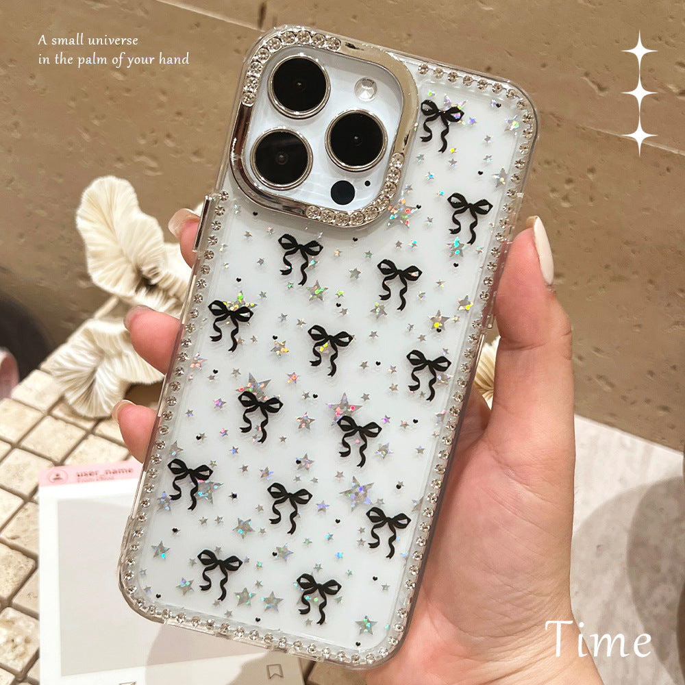 Suitable for iphone17air flash diamond mobile phone case black bow apple 16pro trendy diamond protective case 15