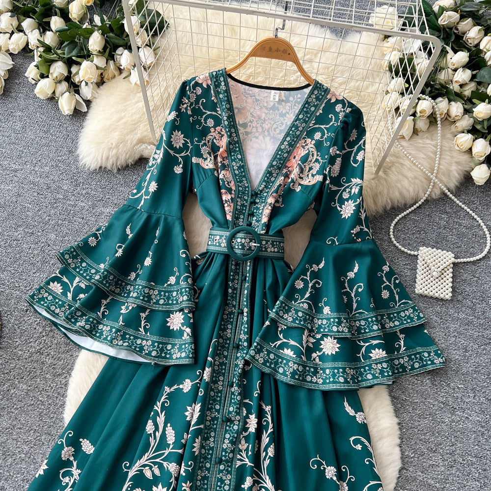Vintage print v-neck slim-fit dress - women's summer long sleeve tie-waist korean style a-line dress - elegant and chic maxi dress