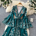 Vintage print v-neck slim-fit dress - women's summer long sleeve tie-waist korean style a-line dress - elegant and chic maxi dress