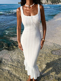 hollow-out knit cami dress - women's european & american style vacation dress, slim fit, ruffle hem bodycon maxi dress