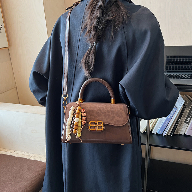 French fashion handbag small square bag women's retro color block leopard print shoulder bag autumn and winter high-end color block crossbody bag