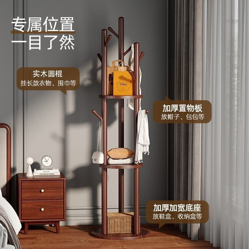 Accessible luxury solid wood coat rack, rotatable clothes rack, floor-standing bedroom for home office, non-occupying storage rack