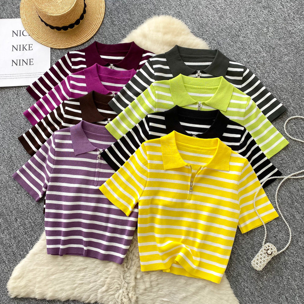 Women's short-sleeve knit top -  summer korean style, trendy color block striped tee, versatile top