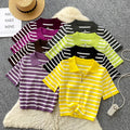 Women's short-sleeve knit top -  summer korean style, trendy color block striped tee, versatile top