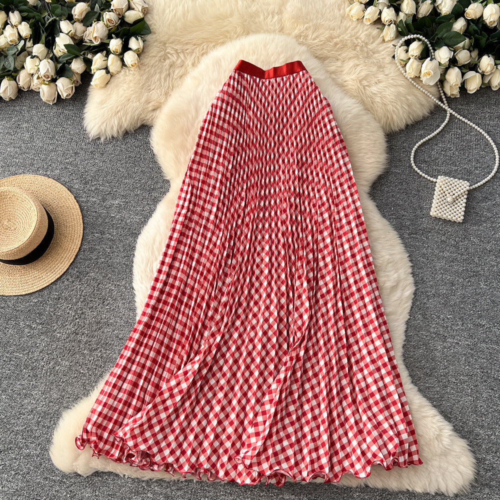 new arrivalgrids pattern patchwork a-line skirt women's high waistslimming lookelegantpleated long skirtwork clothinggrids skirt