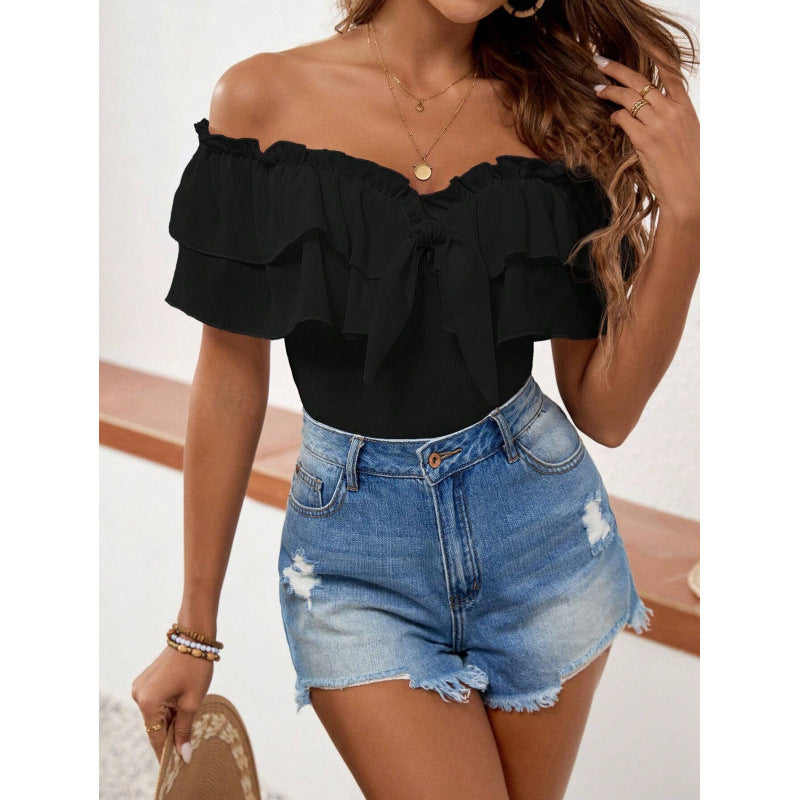 Women's black off-the-shoulder ruffle trim tie-waist bow detail short sleeve top - perfect for summer casual and vacation looks