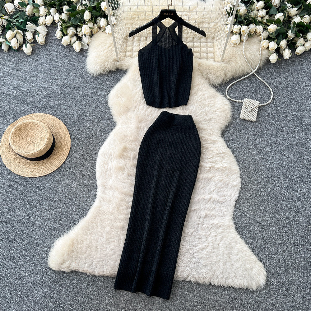 Sexy holiday style knittinghalter vest lazy high waist slit skirt women's summer elegant two-piece setwork clothing