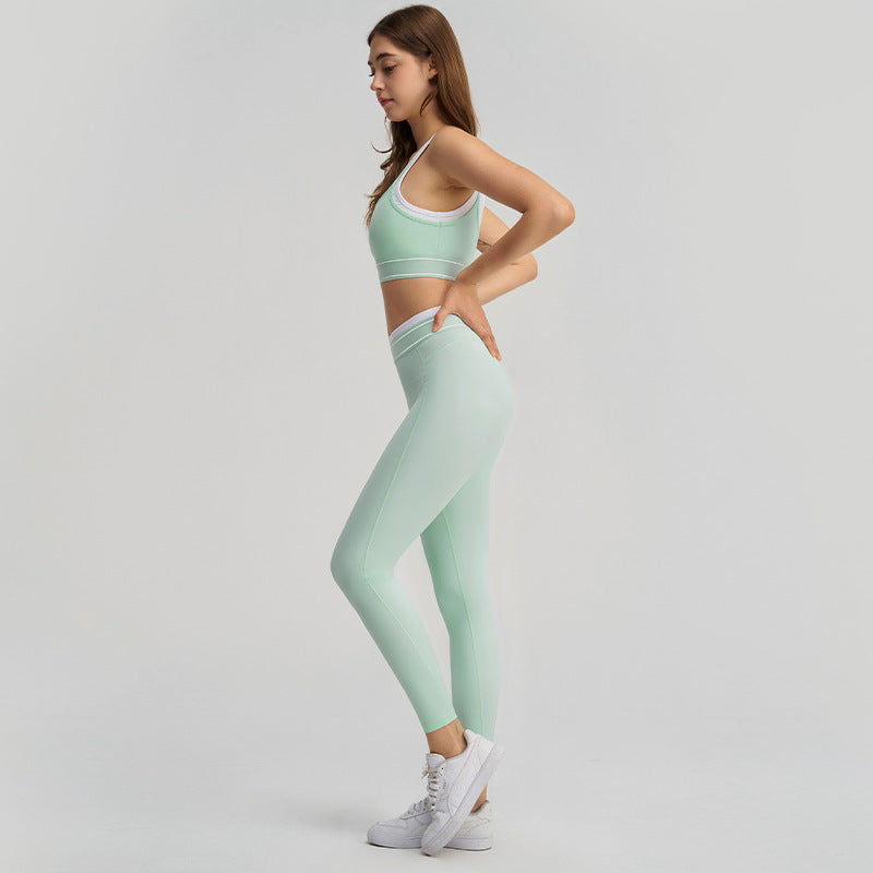 new arrivalfake two-piececontrast color white striped hip lifting pants suspender running sports intimates bra yoga suit