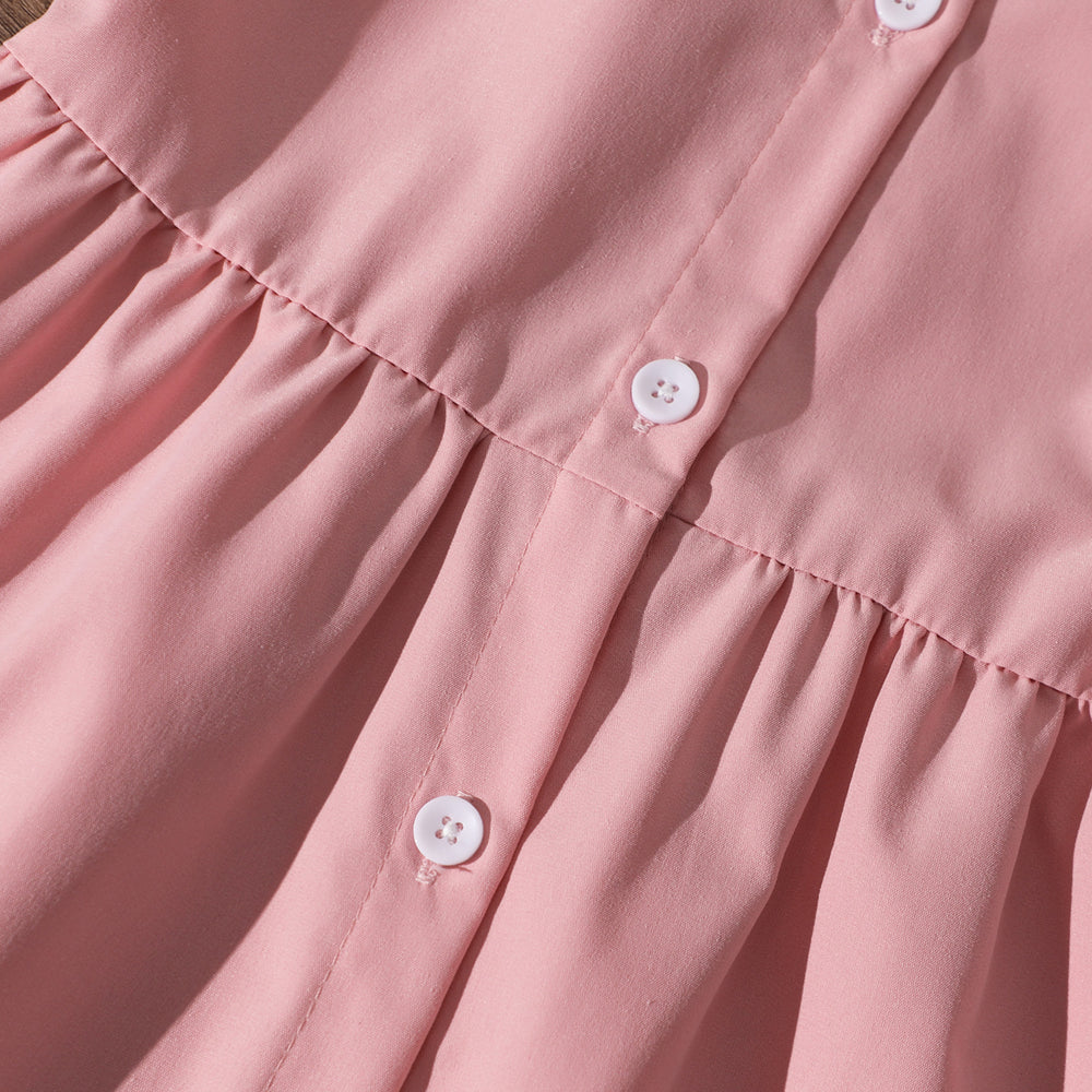 Girls' two-piece set: pink shirt dress + bow-embellished vest