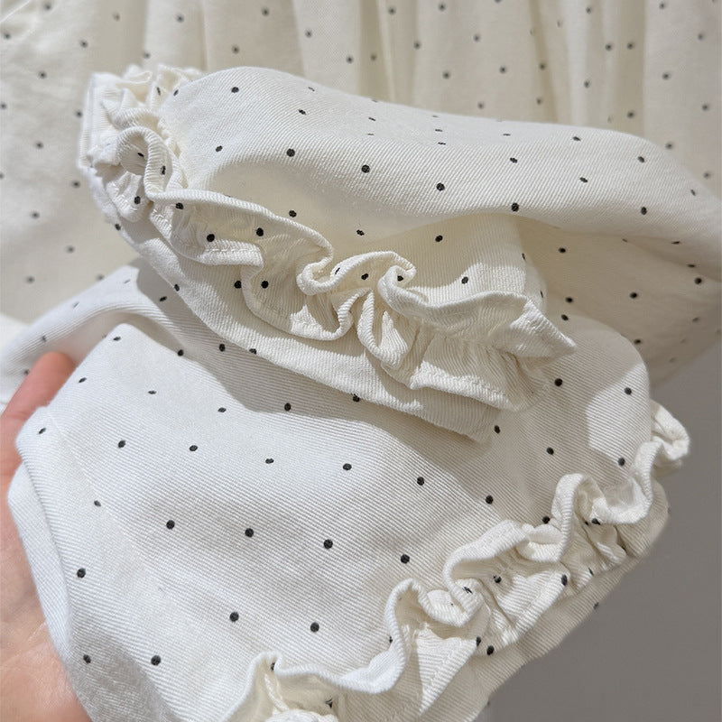 Summernew arrivalgirlpure cotton polka dot lace casual pants k-stylefashionpantskids pants children's clothing trendy
