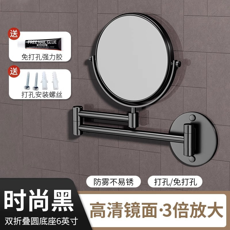 Perforated magnifying glass bathroom with light makeup mirror high definition led free foldable dressing mirror wall hanging telescopic bathroom
