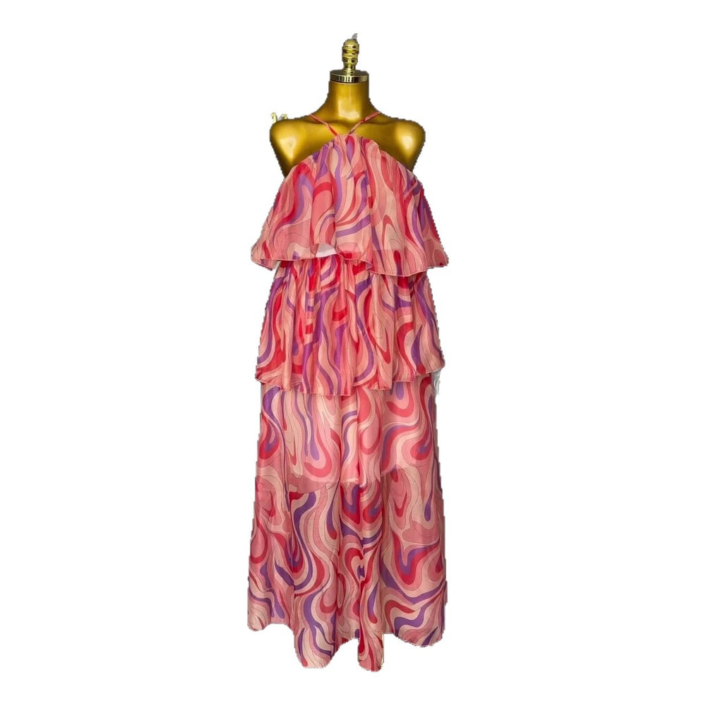 European and american cross-border women's fashion:  summer new arrival - stylish and elegant halter neck printed loose long slip dress