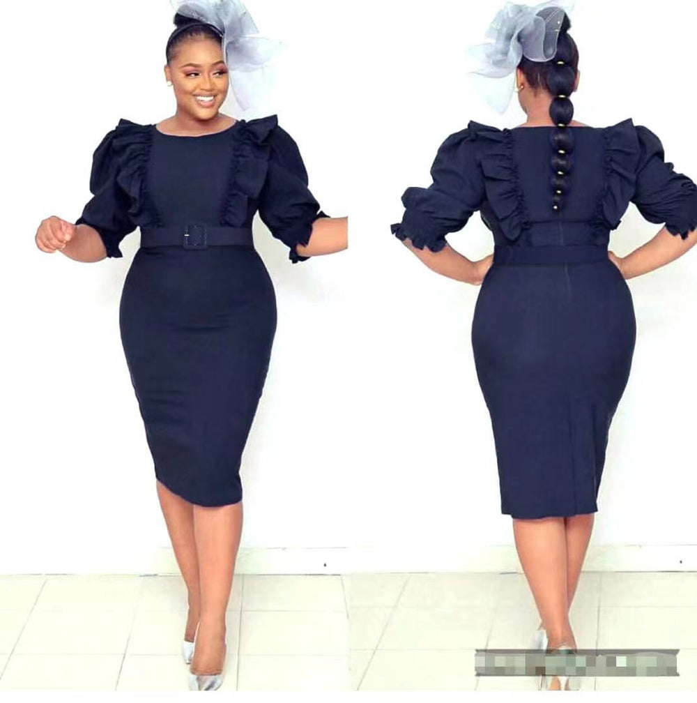 e-commerce african foreign trade  clothing fashion professional ol large size women's clothing half length sleeve dress belt