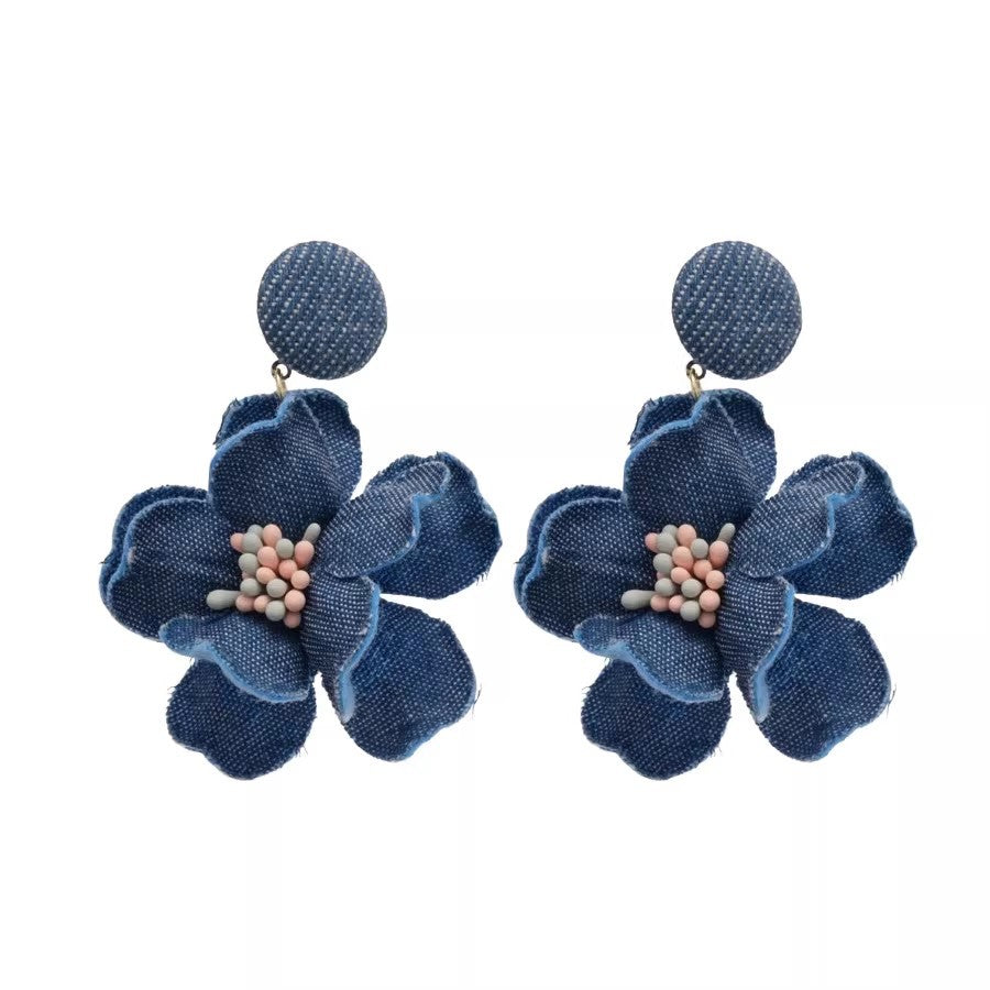 Hong kong style retro denim blue flower earrings niche style exaggerated sense of design earrings for women with square and round faces to show small faces earrings