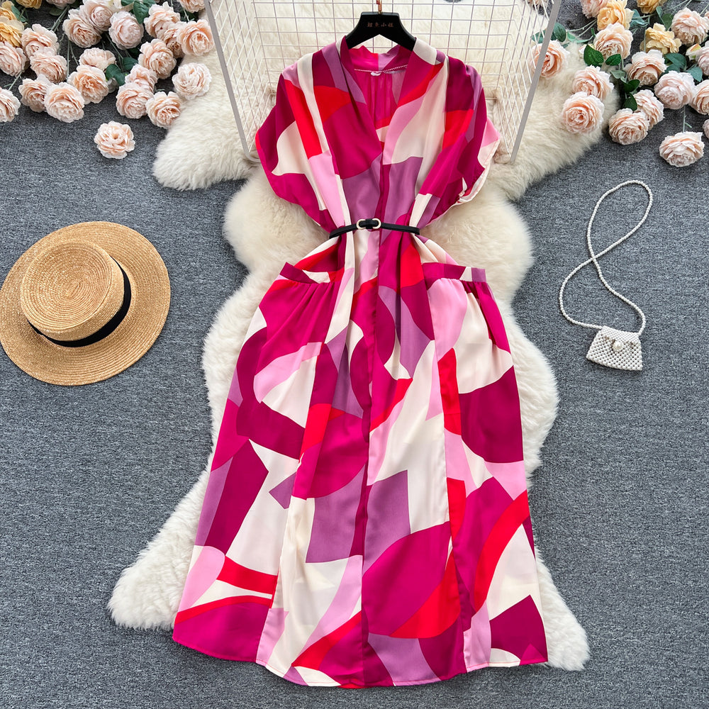 Luxury retro v-neck printed dress - women's summer french style tie-waist loose fit slimming midi shirt dress