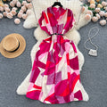 Luxury retro v-neck printed dress - women's summer french style tie-waist loose fit slimming midi shirt dress
