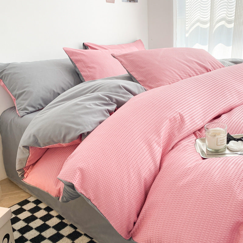 Solid color waffle four-piece wholesale ins polished bed sheet quilt cover Nantong quilt cover bed three-piece bed hat model