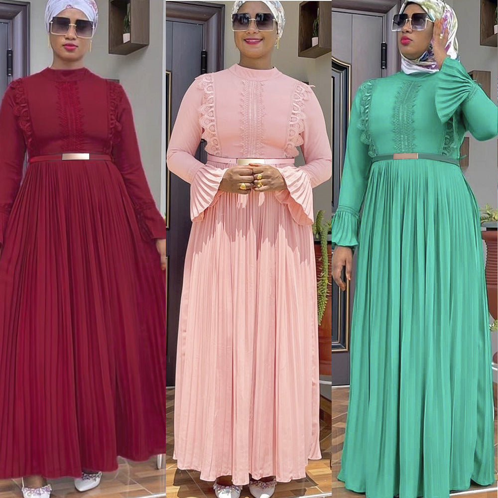 African women's fashion: elegant commute-ready long sleeve chiffon pleated midi dress with belt