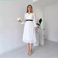 European and american cross-border women's fashion:  autumn new french style solid color v-neck long sleeve cinched waist pleated elegant dress