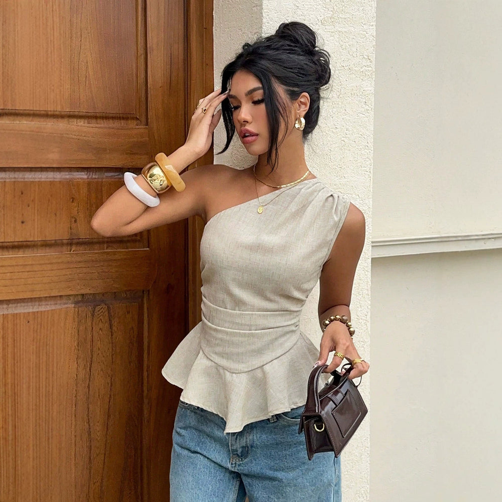 cross-border women's elegant commute one-shoulder ruched waist ruffle hem top - slim fit sleeveless tank top
