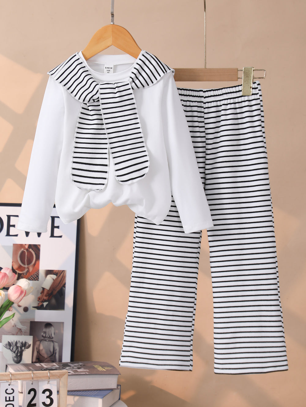 Girls' two-piece set: solid color long-sleeve top and striped flare pants with shawl