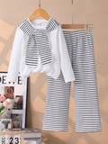 Girls' two-piece set: solid color long-sleeve top and striped flare pants with shawl