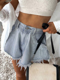 cross-border fashion high-waisted frayed hem denim shorts for women - summer light blue hot girl slimming a-line capri shorts