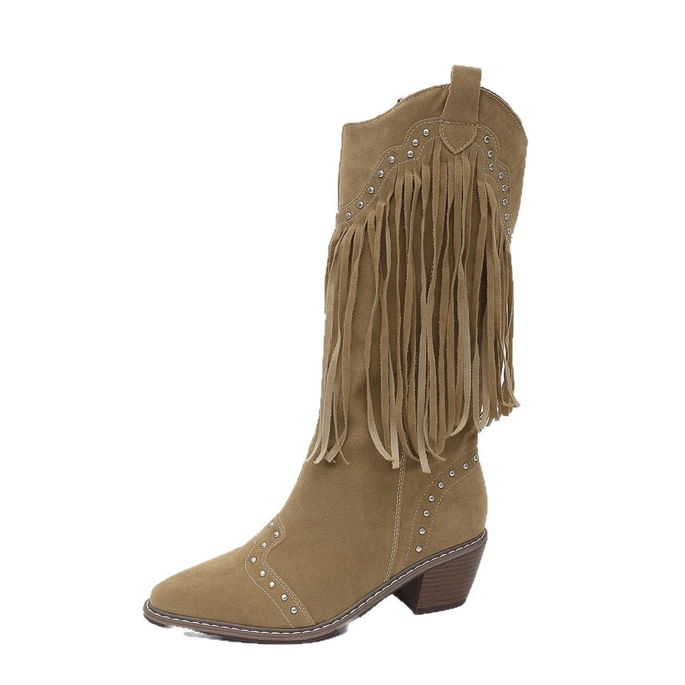 new pointed-toe rivet mid-heel v-cut knight boots - autumn retro cross-border chunky heel plus size high boots for women
