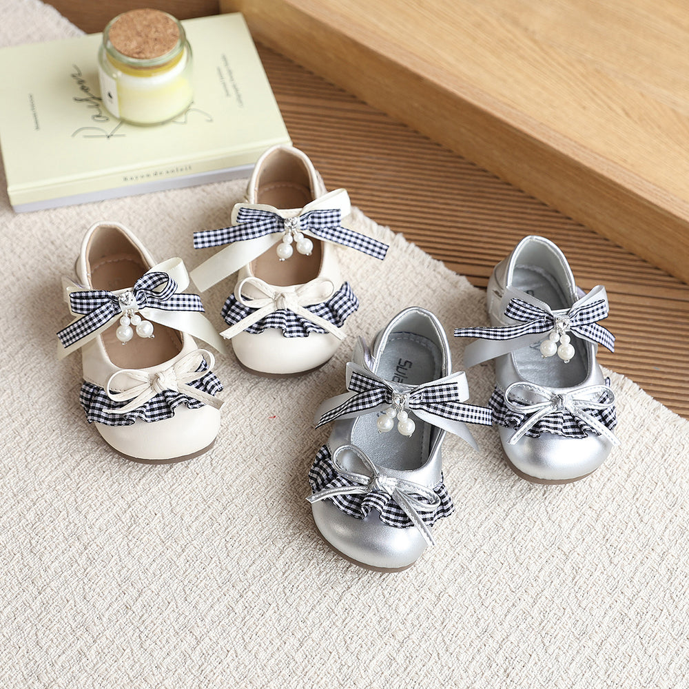 Vancahao kids' leather shoes -  spring new collection: korean style girls' fashionable studded bowknot flats, princess style