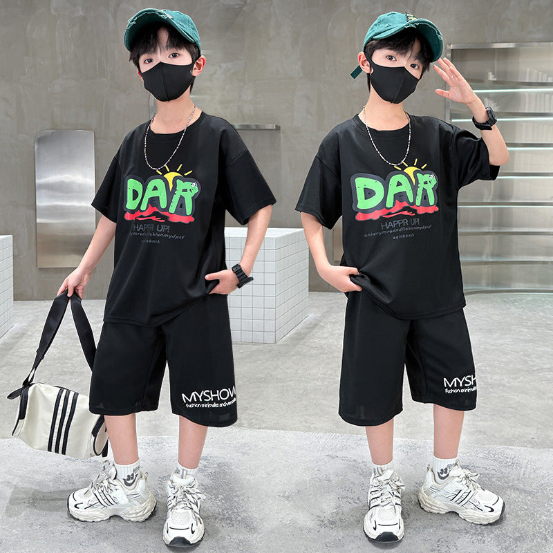 Boys'  new student ice silk clothing set - summer sports outfit for teenagers: cool and trendy short-sleeve t-shirt and shorts