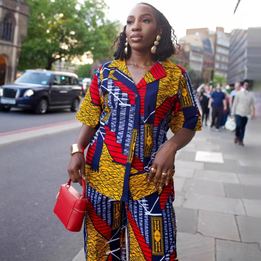 European and American large size loose lapel short-sleeved printed cardigan shirt African casual wide-leg trousers foreign fashion suit