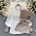 Preppy chic: women's luxury-inspired outfit set - solid color, relaxed fit long sleeve blouse + knit vest (autumn/winter)